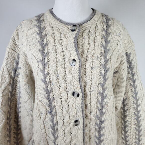 Woolrich Nordic Fisherman Grandpa Cable Knit Cardigan Sweater Cream VTG 90s Sz L - Picture 2 of 16